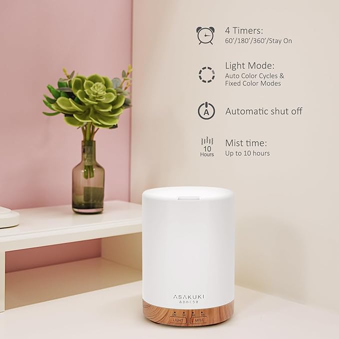 ASAKUKI 300ML Essential Oil Diffuser, Quiet 5-in-1 Premium Humidifier, Home Fragrance Aroma Diffuser with 7 LED Color Changing Light and Auto-Off Switch -Light Brown - Bloomnest