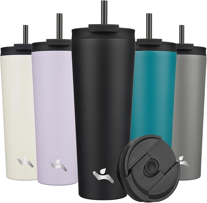 26 OZ Insulated Tumbler with Lid and 2 Straws Stainless Steel Water Bottle Vacuum Travel Mug Coffee Cup,Black - Bloomnest