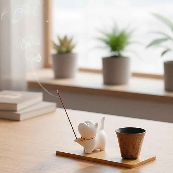 Upgraded Package Incense Holder Handmade Ceramic Cat, Incense-Stick Holder with Sticks, Bamboo Mat and Brass Incense Stand, Cute Cat Insence Burner Holder for Meditation Yoga Massage Home Decor Gift - Bloomnest
