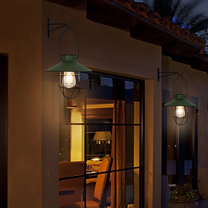 pearlstar Solar Lantern Outdoor Hanging Light Metal Farmhouse Solar Lamp with Warm White Edison Bulb Design for Garden Yard Patio Proch Decor(Green) - Bloomnest