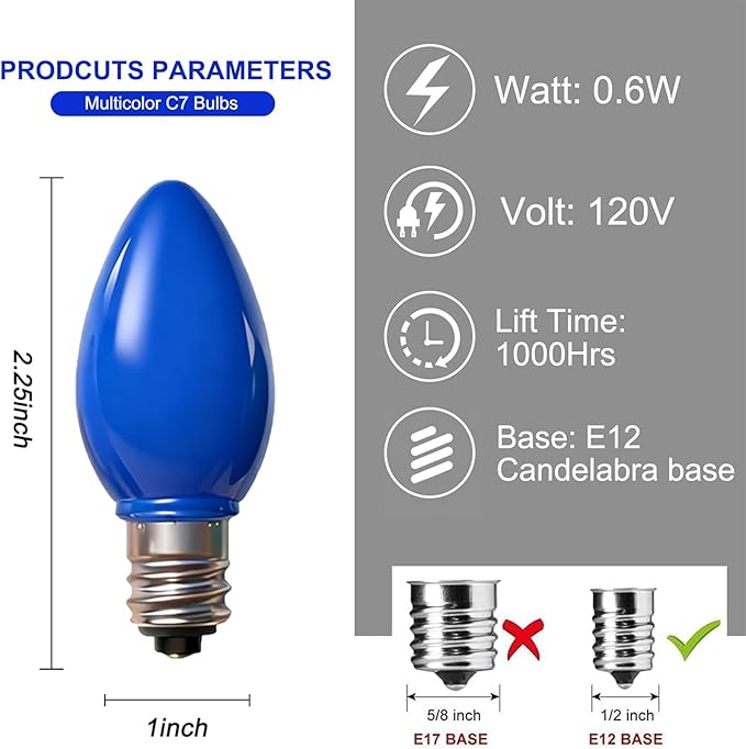 25 Pack C7 LED Blue Replacement Light Bulbs, C7 Vintage Blue Ceramic LED Bulbs for Christmas Outdoor String Lights, E12 Candelabra Base, 0.6 Watt, Saving Energy LED Bulbs - Bloomnest