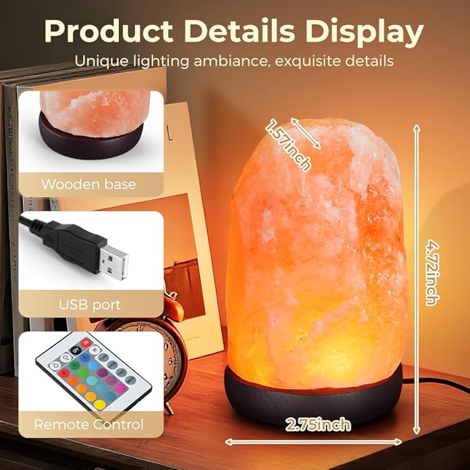 Small Remote Salt Himalayan Salt Lamp 16 Colors, Natural Crystal Salt Rock Lamp Hand Carved Night Lights, USB Salt Crystal Lamp Remote Control Salt Lamp for Home Decor and Gift (1.9lb)
