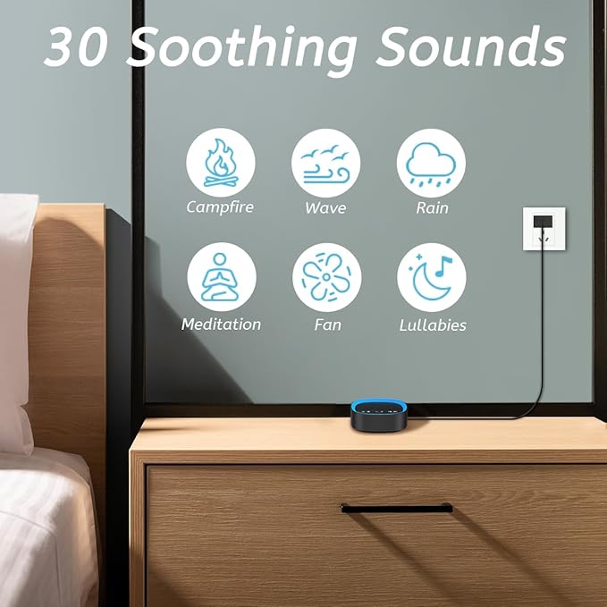 Sleep White Noise Sound Machines with 30 Soothing Sounds 3.5 mm Headphone Jack 5 Timer Settings 32 Precise Volume Memory Function Compact Design Ideal Gift for Everyone