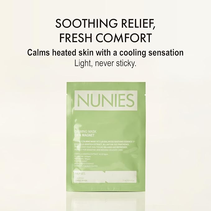 NUNIES Calming Sheet Mask – Korean Soothing Face Mask for Redness & Sensitive Skin | CICA, Allantoin & Panthenol | pH-Balanced | Alcohol-Free, Fragrance-Free, Colorant-Free | 5 Sheets - Bloomnest