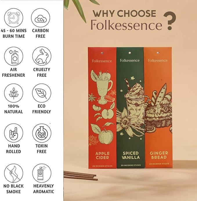 Folkulture Incense Sticks | Set of 6 (120) Fall Incense Sticks with 45 Mins Burn Time | Non Toxic Pumpkin Spice Inscents, Organic Vanilla Incenses | Slow Burning Fall Scents for Home | Fall Essentials