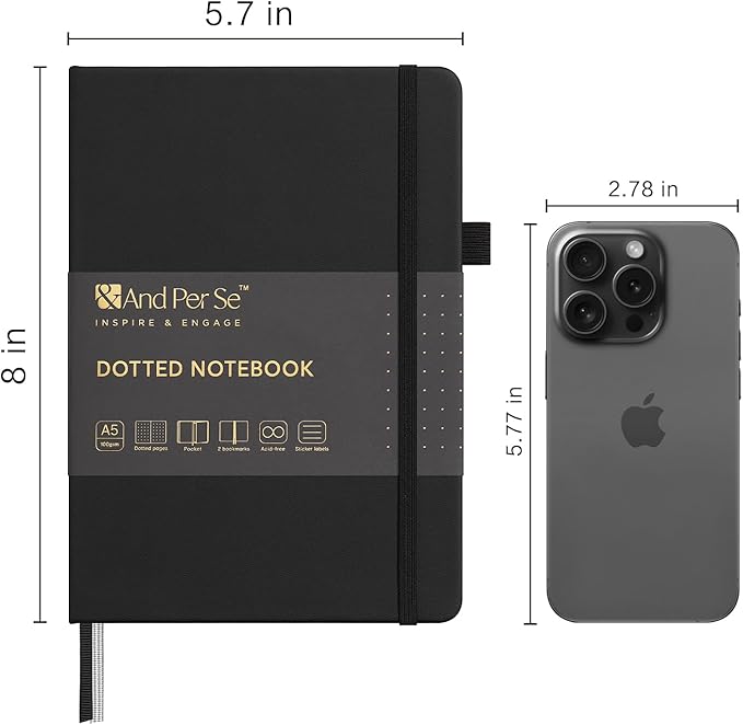 &And Per Se Dotted Journal Notebook, A5 Hardcover Leather Bullet Dotted Journal, 160 Pages 100 gsm Thick Paper, 3 Sheets of Stickers Included (Black)