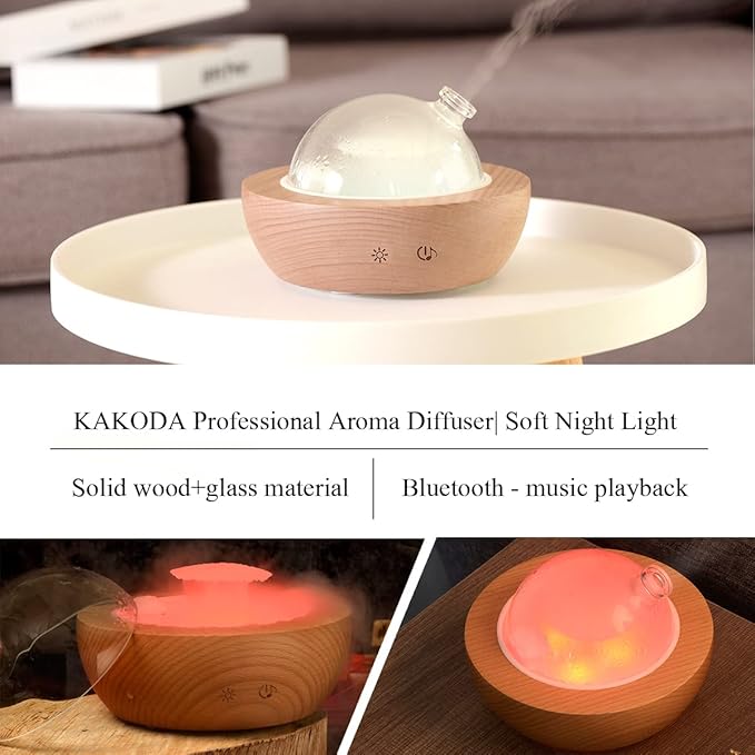 Glass Essential Oil Diffuser,Real Wood Base,Bluetooth Speaker,2025 Upgrade Aromatherapy Diffuser,Aroma Diffuse with Music Player,LED Light in 7 Colors，Home Office Bedroom（Non-Glass Reservoir） - Bloomnest