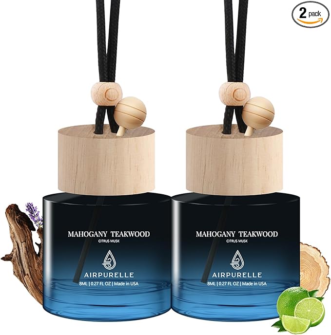 Car Air Freshener Hanging 2 Pack Car Air Fresheners Diffuser - Mahogany Teakwood Fragrance Oil Air Diffuser for Car, 45+ days Long Lasting Car Fresheners Fragrance, Two 0.27 FL OZ/8ML Made in USA - Bloomnest