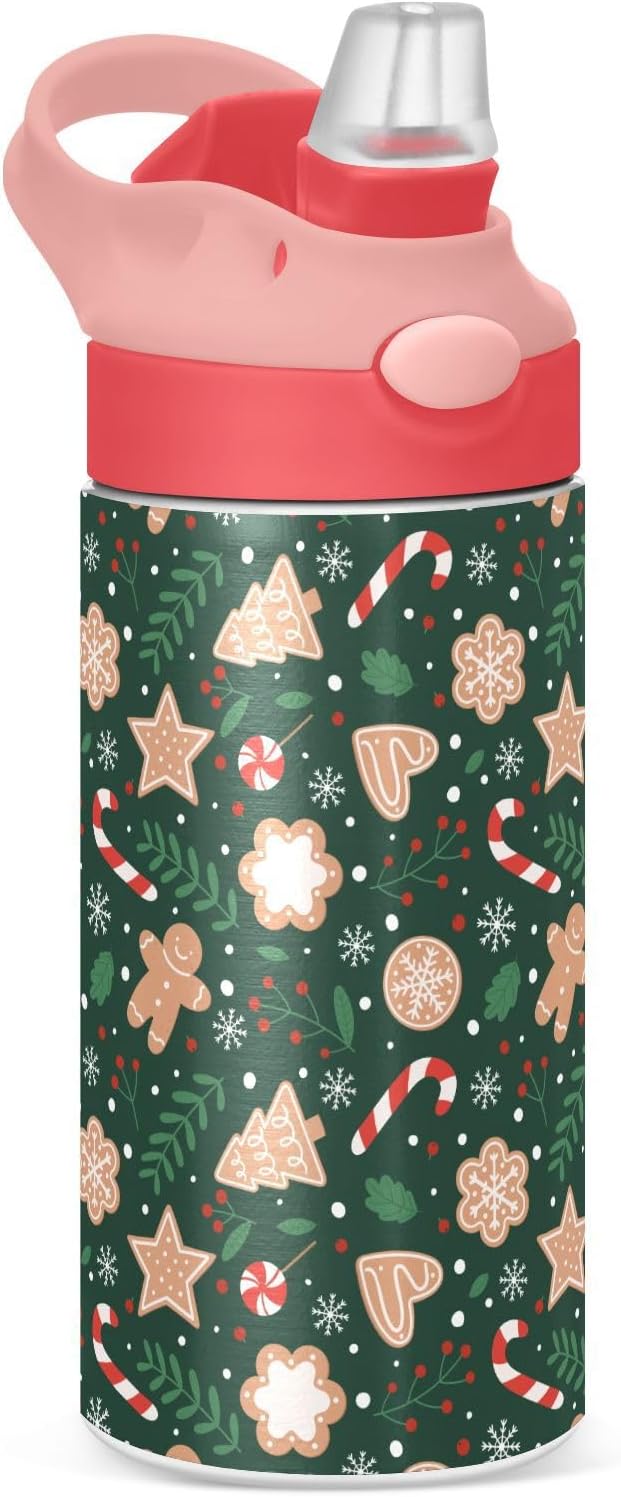 Christmas Gingerbread Snowflakes Kids Insulated Water Bottle, Toddlers Tumbler Travel Cup with Straw & Handle Stainless Steel Cup for Travel School Girls 12 oz - Bloomnest