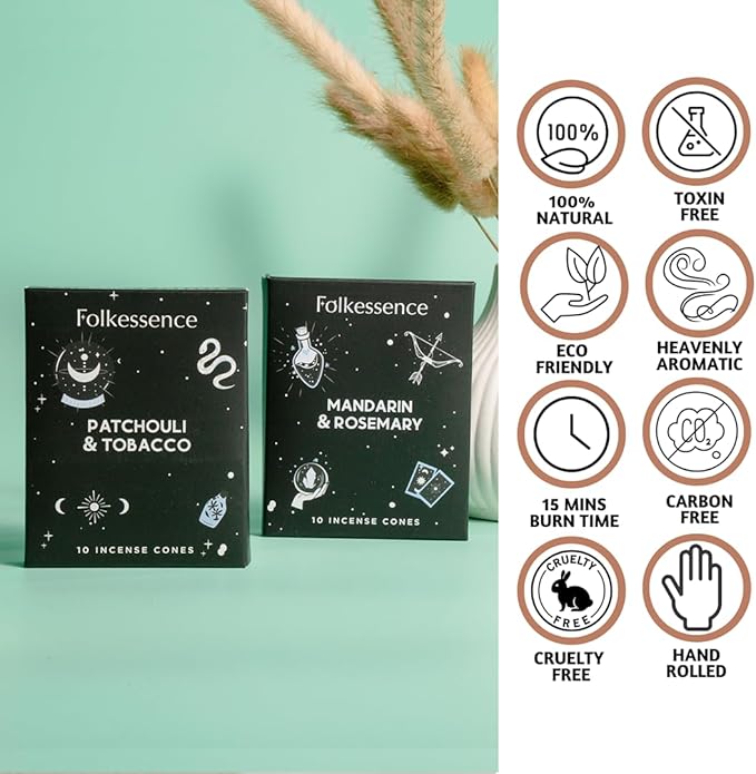 Folkulture Incense Cone Scented | Set of 2 Inscents-Cones (20 Cones) | Mandarin and Rosemary, Tobacco & Patchouli | Variety Pack Insence Cone for Relaxation and Meditation | Insenses for Home