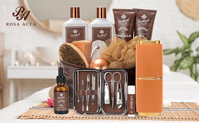 Valentines Day Gifts for Men, 21 Pcs Sandalwood Bath & Body Care Kit, Beard Gift Set for Men, Shave Beard Kit, Leather Bag, Home Spa Kit, Relaxing Men's Gift Basket, Birthday, Father's Day Gift - Bloomnest
