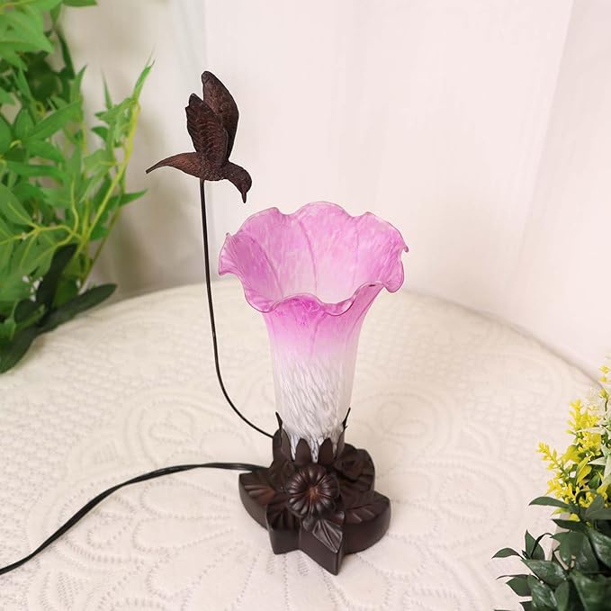 Bieye LL03 Hummingbird Flying Over Lily Flower Blown Glass Table Lamp for Home Decor (White Purple, 4.25Wx12H)