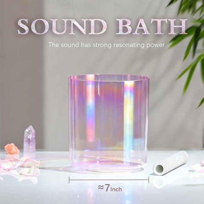 CVNC 440HZ 7 Inch F Note Heart Chakra Pink Purple Color Clear Quartz Crystal Singing Bowl with Carry Case Bag for Sound Healing and Meditation