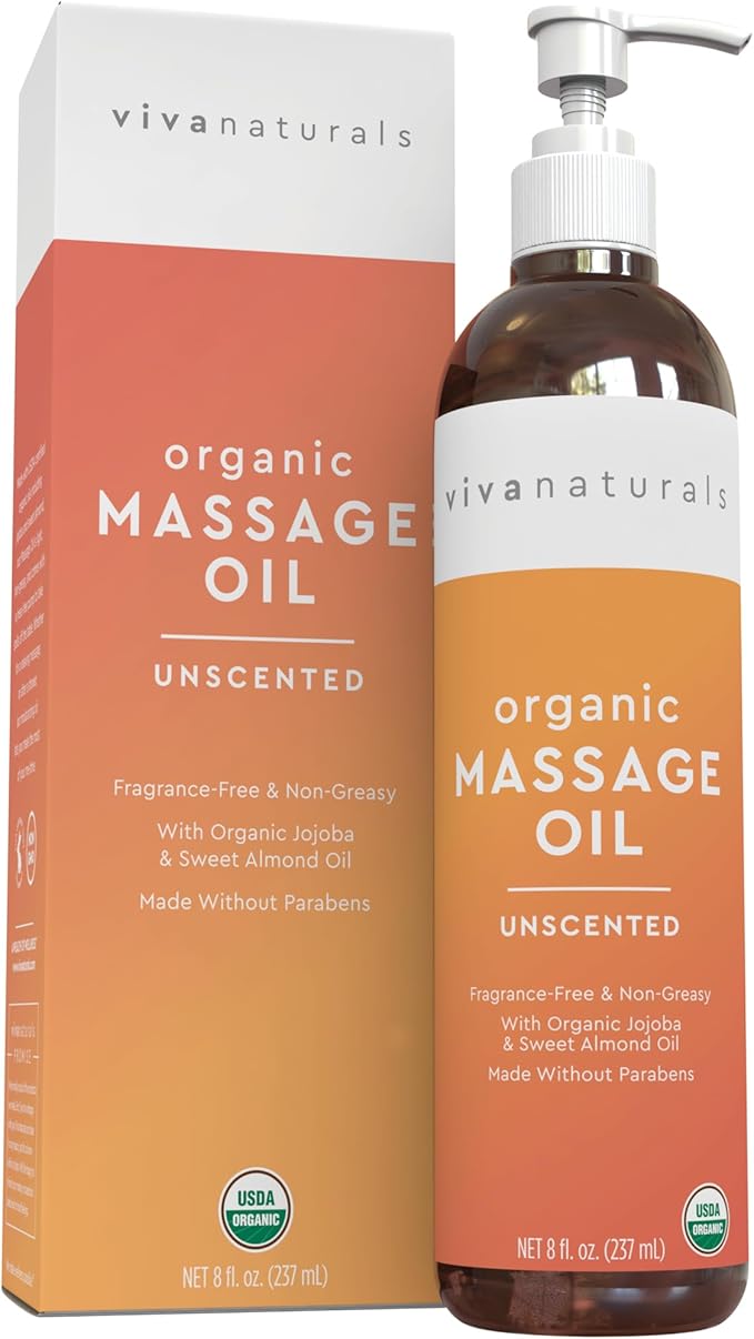 Viva Naturals Organic Massage Oil Unscented (8 fl. oz.) - Non-Greasy Body Oil with Mess-Free Pump, Moisturizing Massage Oils for Massage Therapy, Non-GMO and Certified Organic, 237 mL - Bloomnest