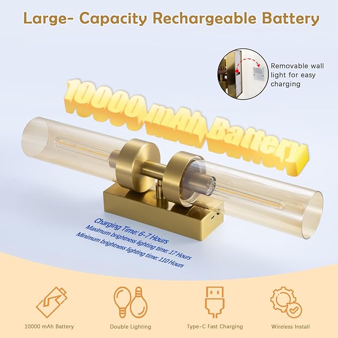Rechargeable Wall Sconces Set of Two with Remote, Gold Battery Operated Wall Sconce with Amber Glass, Sconces Wall Decor Set of 2 Wall Light Fixtures for Bedroom Bathroom Mirror Living Room - Bloomnest