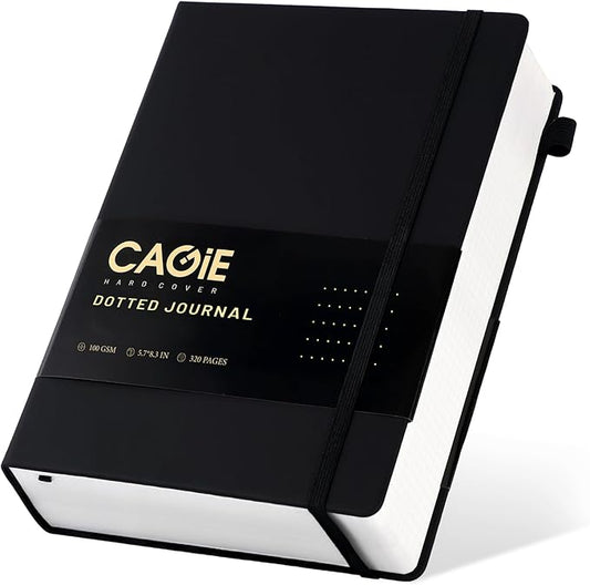 CAGIE Bullet Dotted Journal Notebook 320 Pages 100 GSM Paper Hardcover A5 Dot Grid Notebook Leather Journals for Writing Women Men Work Journaling, Black - Bloomnest
