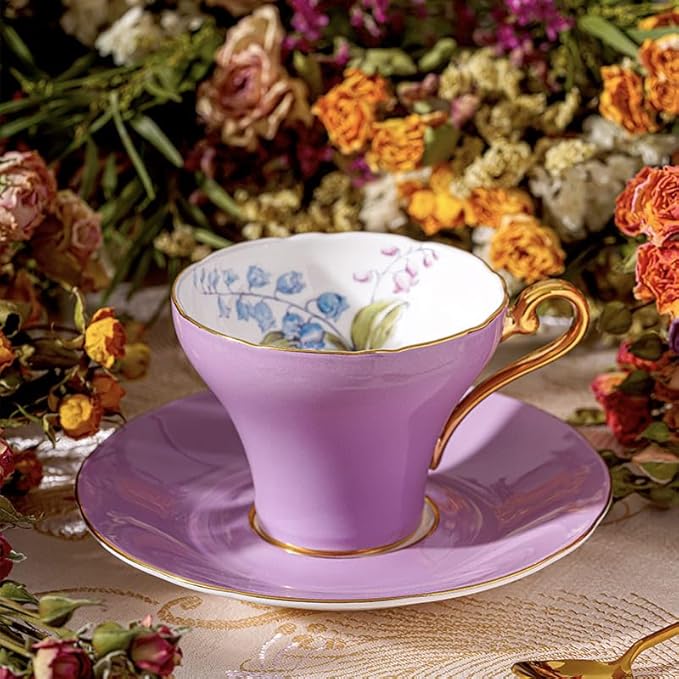 Aynsley Handpainting Colored Glaze Lily of the Valley Corset Fine Bone China English Tea Cup and Saucer Set, 6.1 oz (Purple) - Bloomnest