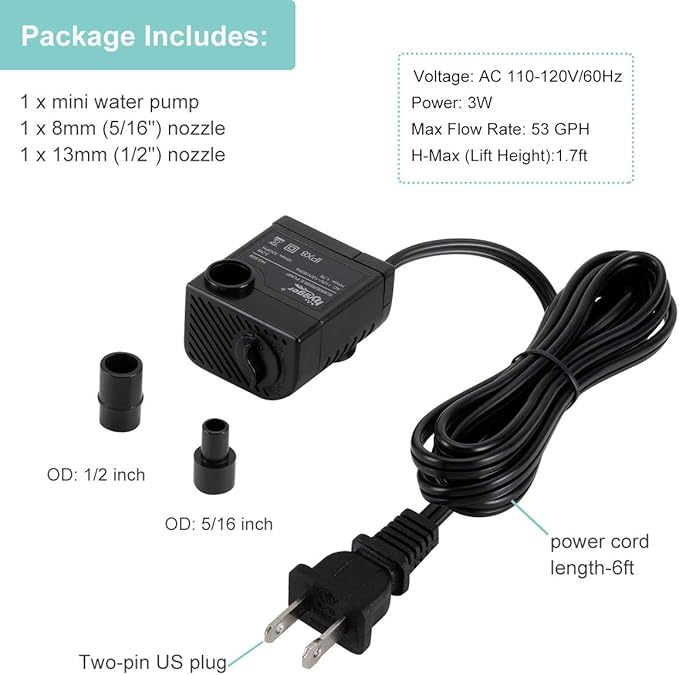 hygger Ultra Quiet 53GPH (200L/H, 3W) Submersible Mini Water Pump Comes with 2 Nozzles, for Aquariums, Fish Tank, Fountain, Hydroponics, Max Lift Height 1.7ft ,120V/60HZ, Power Cord 6ft - Bloomnest