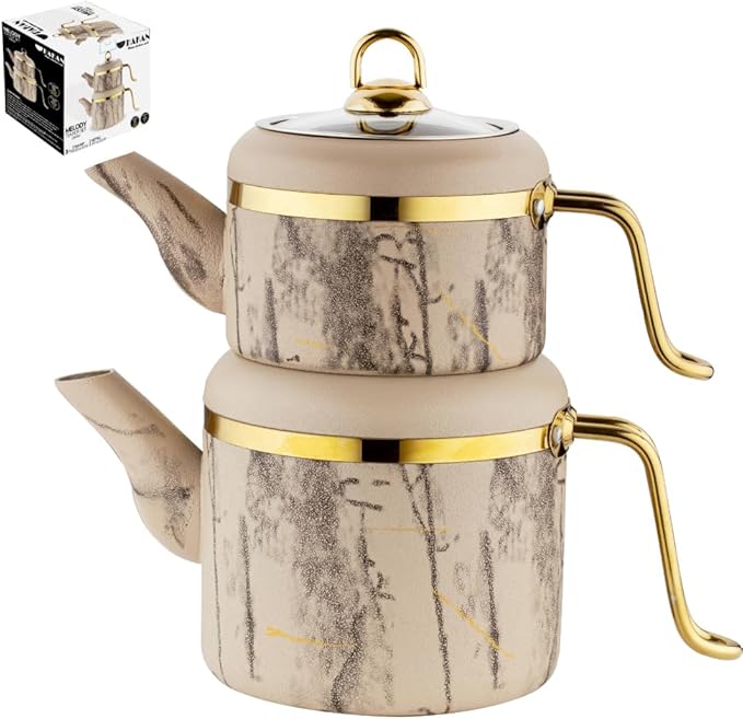 Hakan Melody Turkish Tea Pot Set | 3.5 L Tea Kettles for Stovetop with Stainless Steel Handless and Glass Lid | Aluminum Body Tea Maker | Double Stovetop Kettles with Granite Cover (cream) - Bloomnest