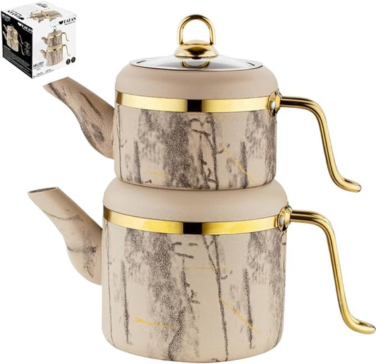 Hakan Melody Turkish Tea Pot Set | 3.5 L Tea Kettles for Stovetop with Stainless Steel Handless and Glass Lid | Aluminum Body Tea Maker | Double Stovetop Kettles with Granite Cover (cream) - Bloomnest