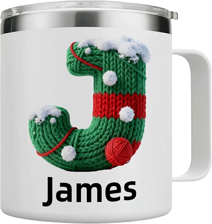 Personalized Christmas Mug | Custom Knitted Stocking Initial Insulated Coffee Cup with Handle & Lid | 12oz Cozy Holiday Tumbler, Unique Stocking Stuffer Gift(B11) - Bloomnest