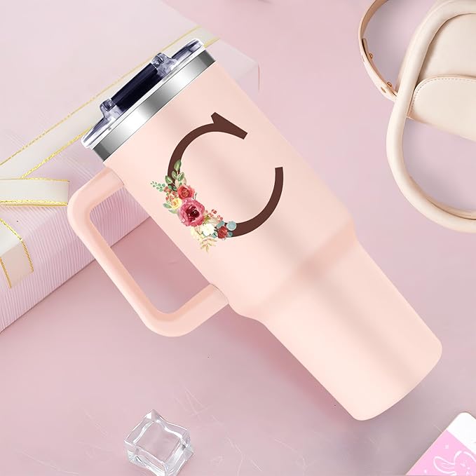 Monogrammed 40oz Tumbler with Handle for Women, Personalized Birthday Gifts for Women,Initial Cups for Woman Floral Letter C,Customized Gifts for Female Lady Gift for Mothers Day Christmas - Bloomnest