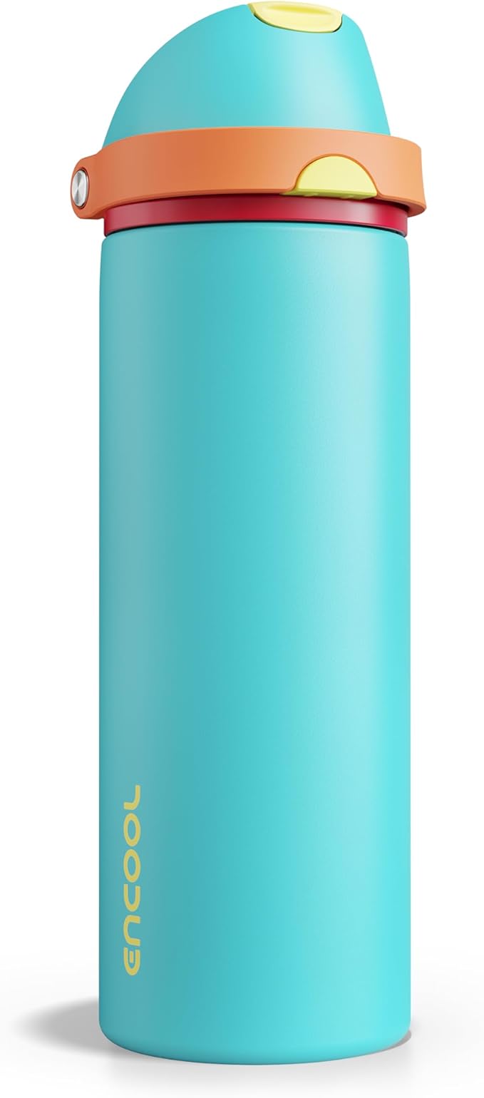 Insulated Water Bottle with Straw - Encool Stainless Steel Water Bottle with Push Button Lid, Leak-Proof & BPA-Free, Keeps Cold for 24 Hours for Sports, Travel, Gym (24 oz, Cerulean Blue) ENCOOL