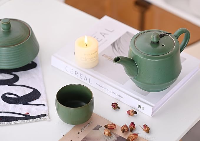 Rural Style Ceramic Teapot with Stainless Steel Infuser 16 Ounces Porcelain Blooming & Loose Leaf Teapot (Green)