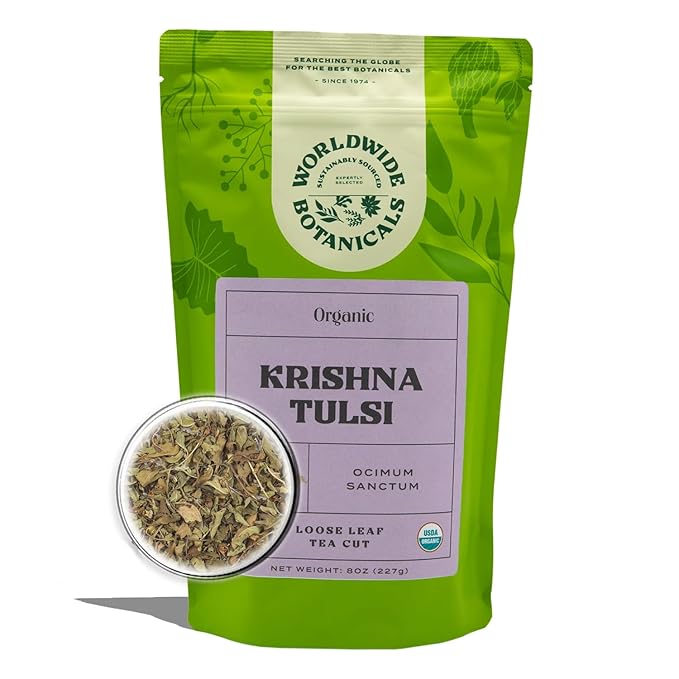 Worldwide Botanicals Organic Holy Basil Tea, 8oz - Tulsi Krishna - Loose Leaf Premium Herbal Tea, 100% Pure Tulsi Holy Basil, Fair Trade, Adaptogenic, Kosher - Bloomnest