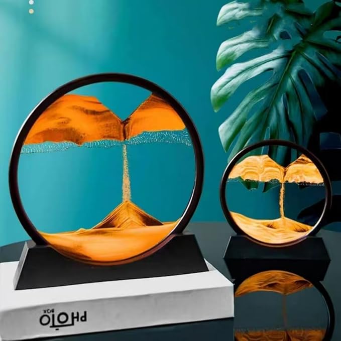 BGFJYUK Moving Sand Art Picture in Motion, Round Tempered Glass 3D Deep Sea Sandscapes with Display Flowing Sand Frame for Relaxing Desktop Home Office Work Décor for Kids Adults (Orange, 12inch) - Bloomnest