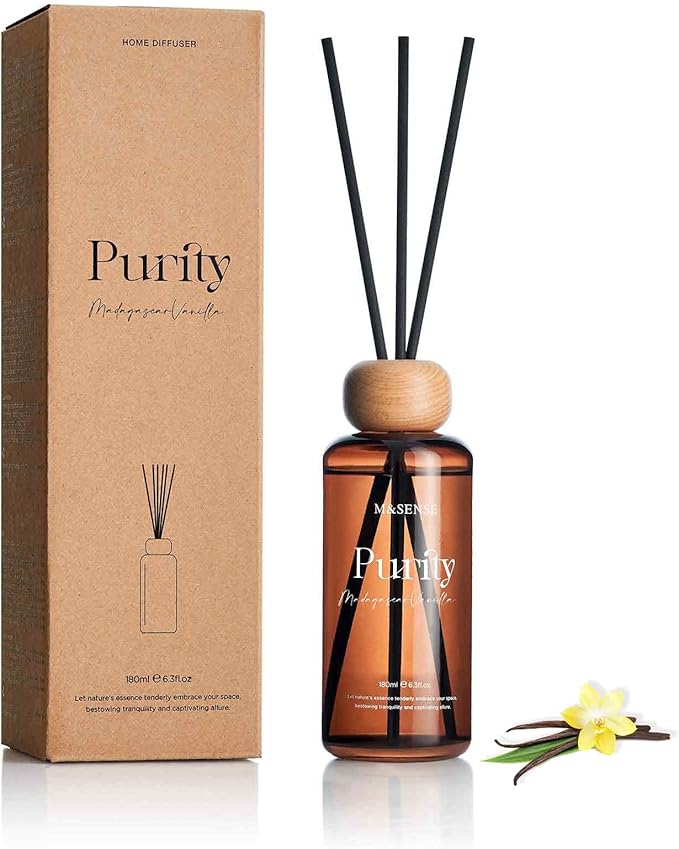 M&SENSE Reed Diffuser Set, Madagascar Vanilla Scented 6.3 fl oz Natural Essential Oil Diffusers with Sticks, Non-Toxic Organic Air Freshener, Long-Lasting Fragrance Oils for Living Room Bedroom MSENSE