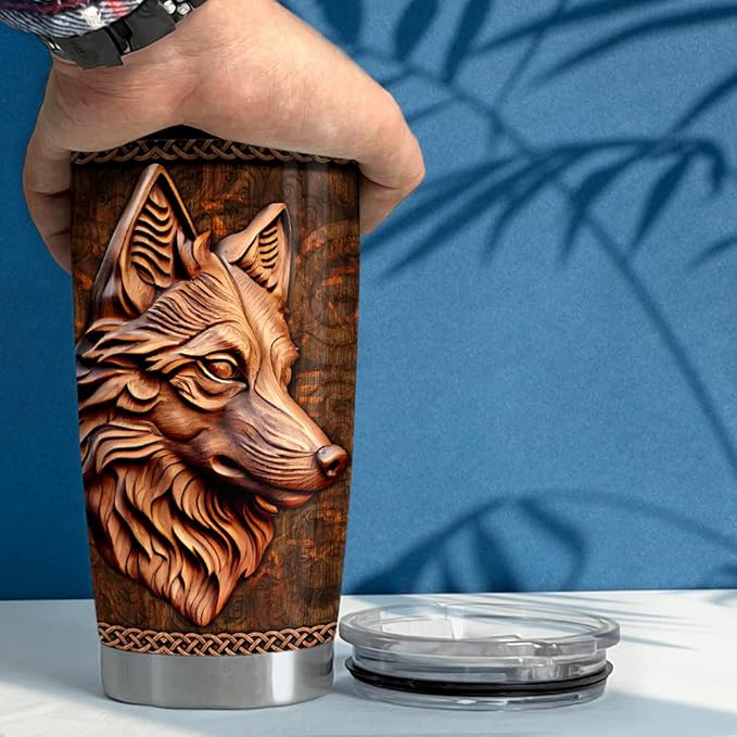 SANDJEST Wolf Tumbler 20oz Wolf Wood Drawing Stainless Steel Insulated Tumblers Coffee Travel Mug Cup Wolf Gift for Men Boys Gifts for Birthday Christmas - Bloomnest