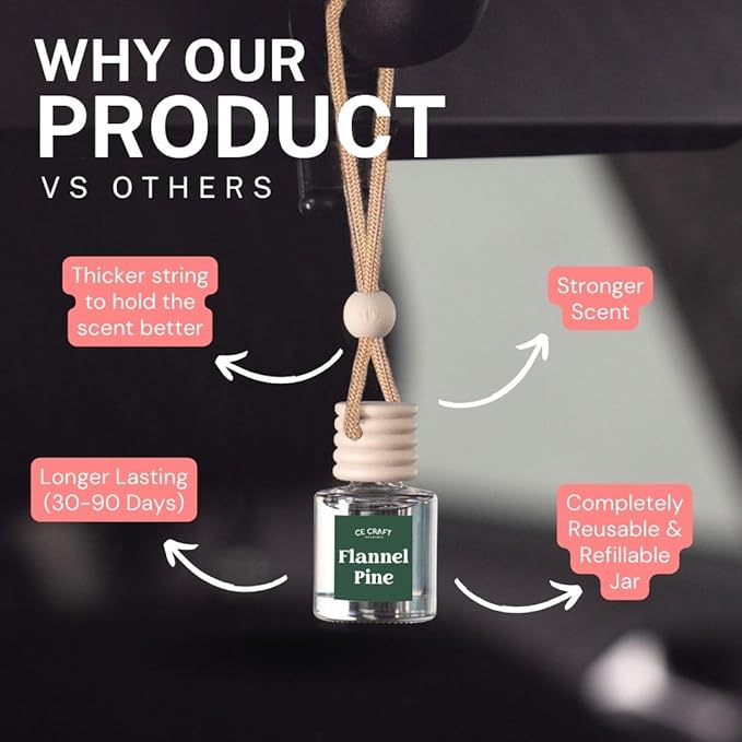 C&E Craft Co Hanging Car Air Freshener Diffuser 2 Pack, Long Lasting Fragrance Oil Car Freshener, Glass Bottle Auto Air Freshener, Made in USA (Flannel Pine) - Bloomnest