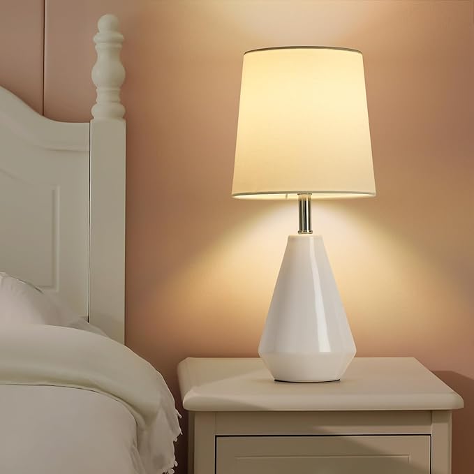 Small Bedside Table Lamp for Bedroom-Reading Desk Lamp Set of 2,with 3 Color Temperatures,15.5" Nightstand Ceramic Lamp with Fabric Shade for Kids Room,Living Room,Dorm,Home Office(White) - Bloomnest