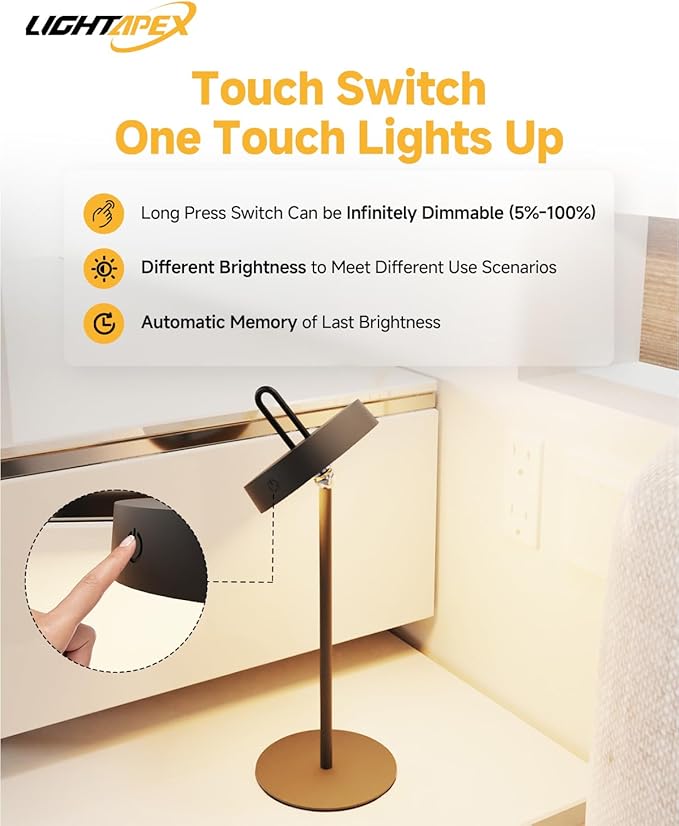 Lightapex Cordless Table Lamps, 2-Pack, Rechargeable Portable Lamps with Stepless Dimming, Touch Control, Detachable Magnetic Design for Bedroom, Living Room, and Reading（Black） - Bloomnest