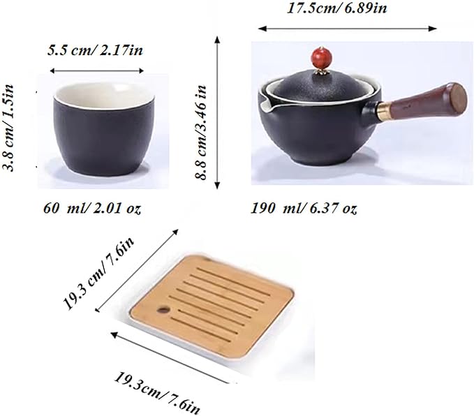 Ceramic Portable Travel Tea Set, Chinese Kungfu Tea Set with 360 Rotation Teapot and Infuser, 4 Tea Cups, Tea Tray And Travel Bag (Black)