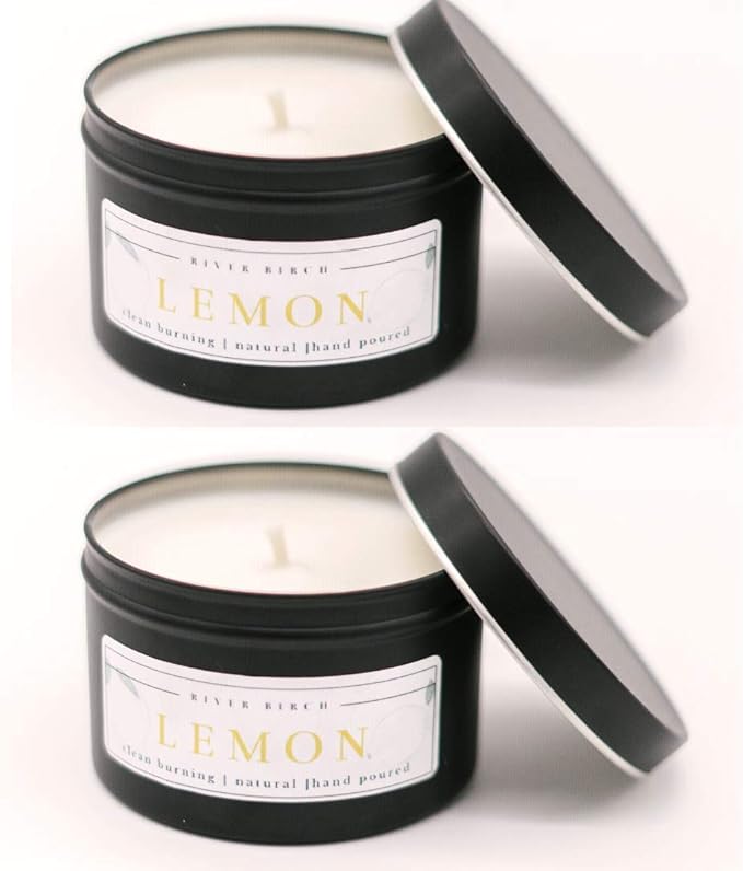 River Birch Premium Lemon Scented Soy Candles - 2-Pack, Two 8 oz. Black Matte Tin Travel Candles - Bloomnest