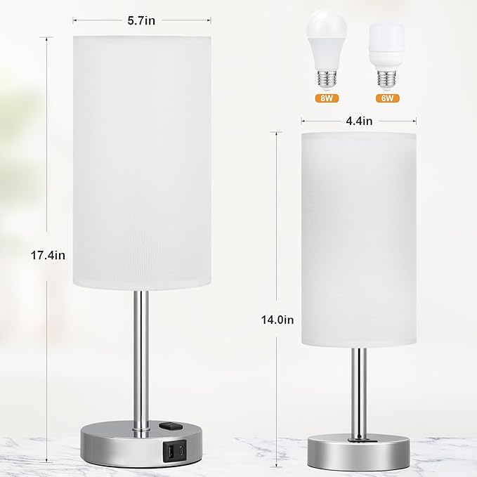 17.4Inch Bedside Touch Table Lamps for Bedroom - Tall Nightstand Lamp with USB-C USB-A Charging Ports White - 3 Way Dimmable Small Desk Lamp for Office, Dorm Room, Living Room, Reading - Bloomnest