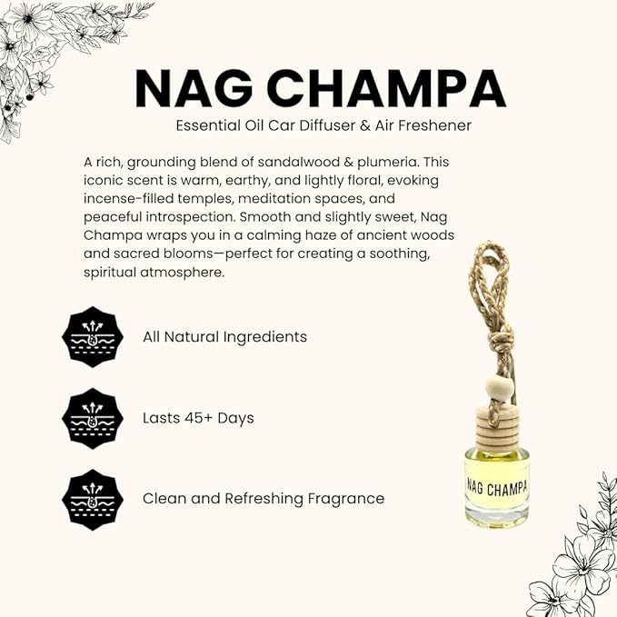 Nag Champa Car Air Freshener – Hanging Essential Oil Diffuser for Car, Closet, or Sacred Space – Long-Lasting Natural Aroma, 2-Pack Spiritual Deodorizer - Bloomnest