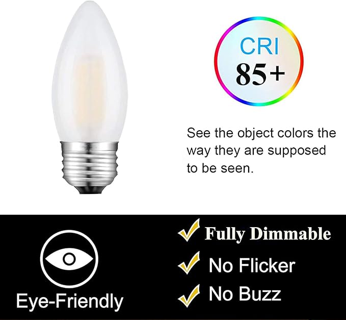 Dimmable 60 Watt Equivalent B11 LED Filament Bulb E26 Candelabra Medium Base 2700K Warm White, Chandelier Decorative Candle Light Bulbs, 6W E26 Frosted Glass LED Edison Bulbs, Pack of 6 - Bloomnest