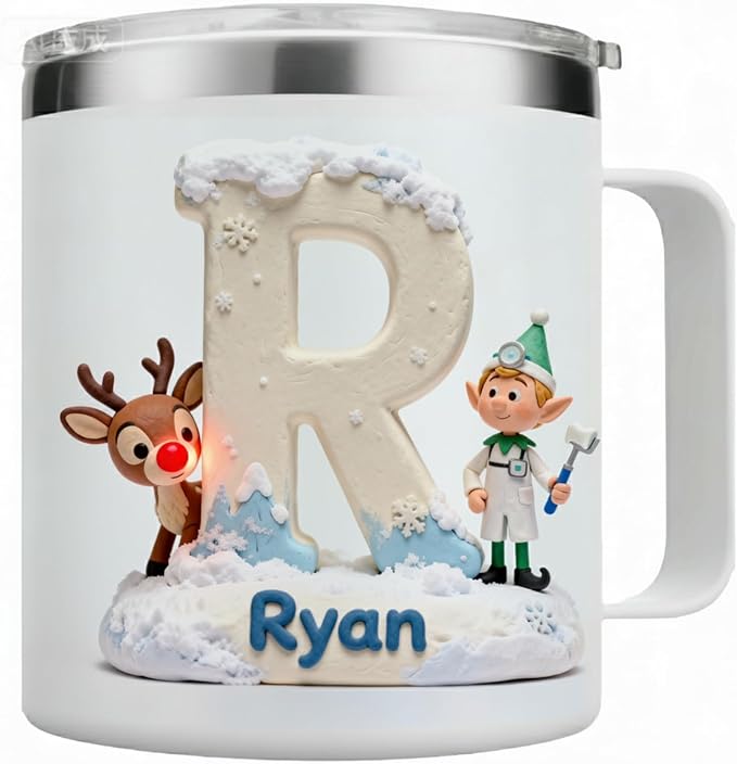 Personalized Rudolph the Red-Nosed Reindeer Mug with Custom Name, Classic Hermey the Elf Dentist Tumbler - 14oz Insulated Coffee Cup with Lid, Nostalgic Christmas Movie Fan Gift (B68) - Bloomnest