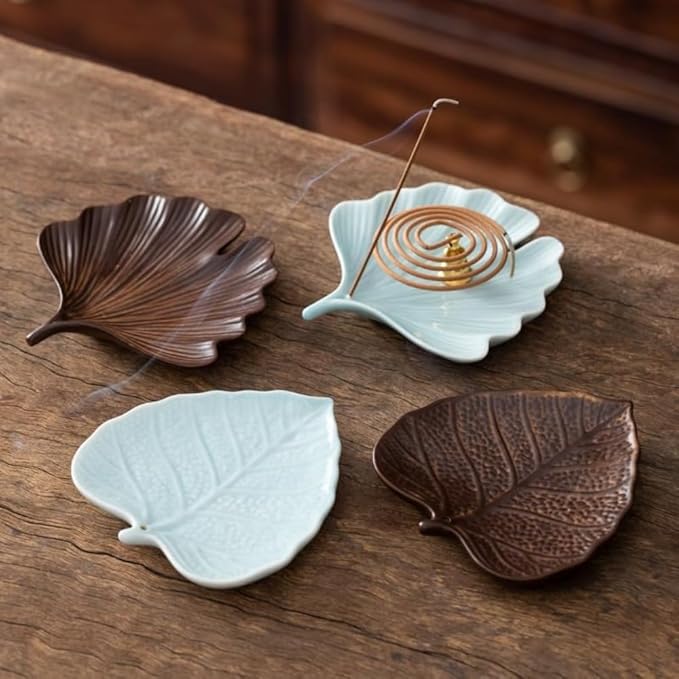 2-Style Ceramic Incense Burner, Bodhi&Ginkgo Leaf Design, Ceramic Incense Holder for Sticks with Ash Catcher&Built-in Stand, Zen Meaning Decor for Home, Office&Yoga/Sage/Cone(Brown and White) - Bloomnest