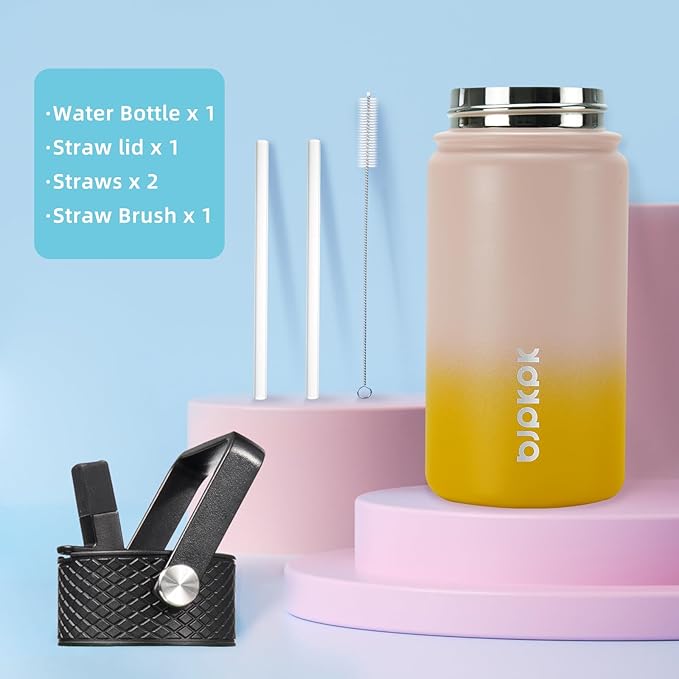 BJPKPK Water Bottle with Straw Lid, 15 oz Insulated Water Bottle, Stainless Steel Metal Water Bottles, Reusable Leak Proof BPA Free Thermo, Flask, Cups, Coral - Bloomnest