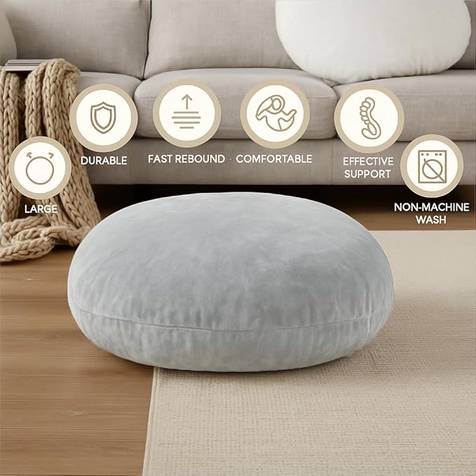 Codi Large Meditation Cushions – Round Floor Pillows for Adults with Removable Washable Cover, Soft and Supportive Floor Cushion for Yoga, Seating and Dog Bed, 32 inch - Grey - Bloomnest