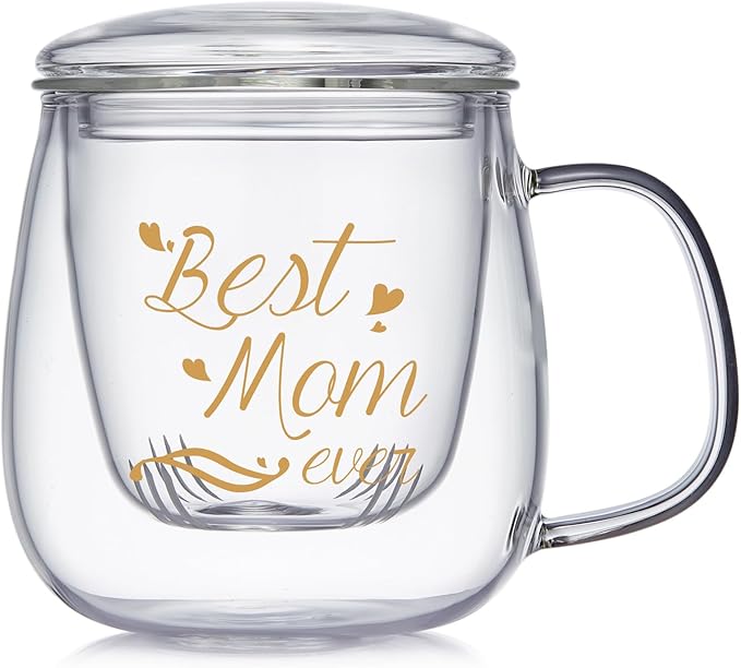 Glass Tea Cup 17.6oz, “Best Mom Ever” Mothers Day Cup with Gift Box, Gifts Mug for Mom, Glass Mug Teacup, Tea Cups for Mom Birthday, Perfect for Grandma & Daughter - Bloomnest