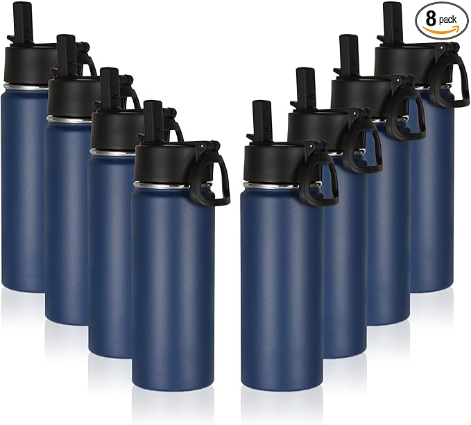 Volhoply 16 OZ Kids Water Bottle Bulk 8 Pack,Insulated Sports Bottles with Straw Lid,Stainless Steel Bottle with Handle Keep Cold & Hot,Double Wall Vacuum Tumbler Cups for School,Girls(Navy, 8) - Bloomnest