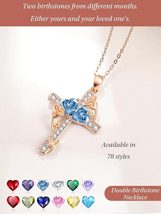 Rose Gold Dual Birthstones Cross Necklace for Women Rose Flower Jewelry Anniversary Christmas Mother's Valentine's Day Birthday Gift for Wife Girlfriend Mom - Bloomnest