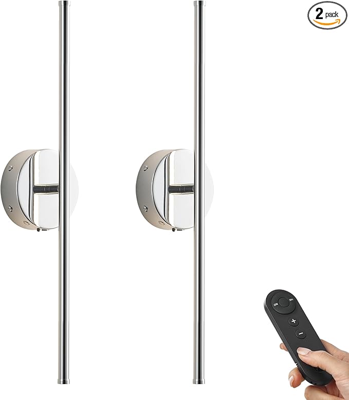 Battery Operated Wall Sconces with Remote Control, Dimmable Wall Sconces Set of Two, 350°Rotate, 3000K LED Chrome Wireless Wall Light for Living Room, Bedroom,Hallway, 20.4 Inch (2 Pack) - Bloomnest