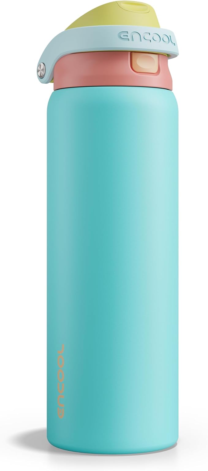 ENCOOL Leakproof Insulated Water Bottle with Straw Dual-Sip Water Bottle Bag-Safe Design for Work, Commute & Gym – Keeps Drinks Cold All Day, 32 oz, Orange-Reef Blue ENCOOL