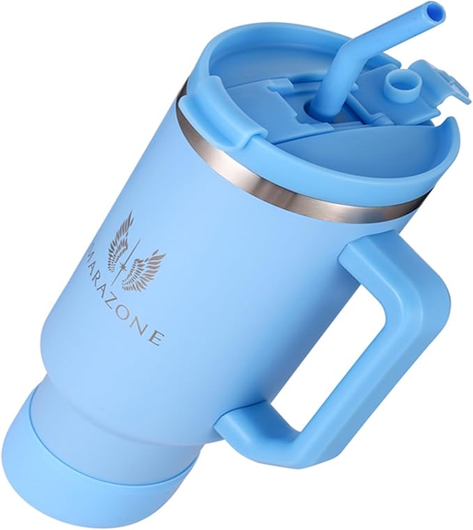 40 oz Insulated Tumbler with Handle and Straw – Stainless Steel Double Wall Vacuum Cup Fits Car Cup Holder, Hot Cold Travel Mug, BPA Free Reusable Water Bottle Gift for Women Men - Sky Blue - Bloomnest
